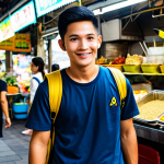 Trainer with Pikachu**

A young Thai trainer, fully clothed in a modern, casual outfit appropriate for exploring, stands in front of a vibrant Bangkok street food market, Pikachu perched happily on their shoulder. The market is bustling with activity, colorful stalls, and delicious-looking Thai food. Safe for work, appropriate content, professional quality, perfect anatomy, natural pose, modest attire.

**