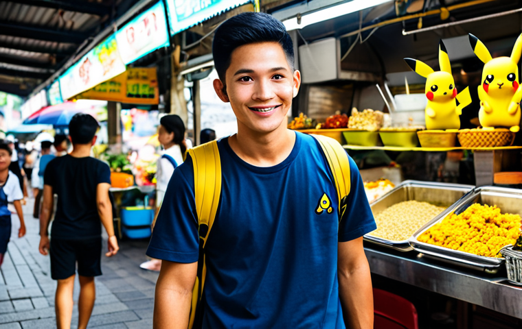 Trainer with Pikachu**

A young Thai trainer, fully clothed in a modern, casual outfit appropriate for exploring, stands in front of a vibrant Bangkok street food market, Pikachu perched happily on their shoulder. The market is bustling with activity, colorful stalls, and delicious-looking Thai food. Safe for work, appropriate content, professional quality, perfect anatomy, natural pose, modest attire.

**