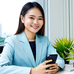 **

A Thai businesswoman in a modern, modest business attire (เสื้อผ้าชุดทำงานสุภาพ) sitting at her desk in a bright, contemporary office overlooking Bangkok. She's smiling gently, holding a smartphone.  Include potted plants, natural light, and modern office equipment. safe for work, appropriate content, fully clothed, professional, perfect anatomy, natural proportions, high quality.

**