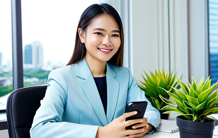 **

A Thai businesswoman in a modern, modest business attire (เสื้อผ้าชุดทำงานสุภาพ) sitting at her desk in a bright, contemporary office overlooking Bangkok. She's smiling gently, holding a smartphone.  Include potted plants, natural light, and modern office equipment. safe for work, appropriate content, fully clothed, professional, perfect anatomy, natural proportions, high quality.

**
